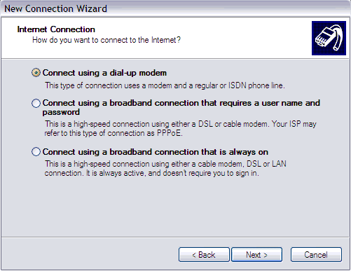 New Connection Wizard - Internet Connection